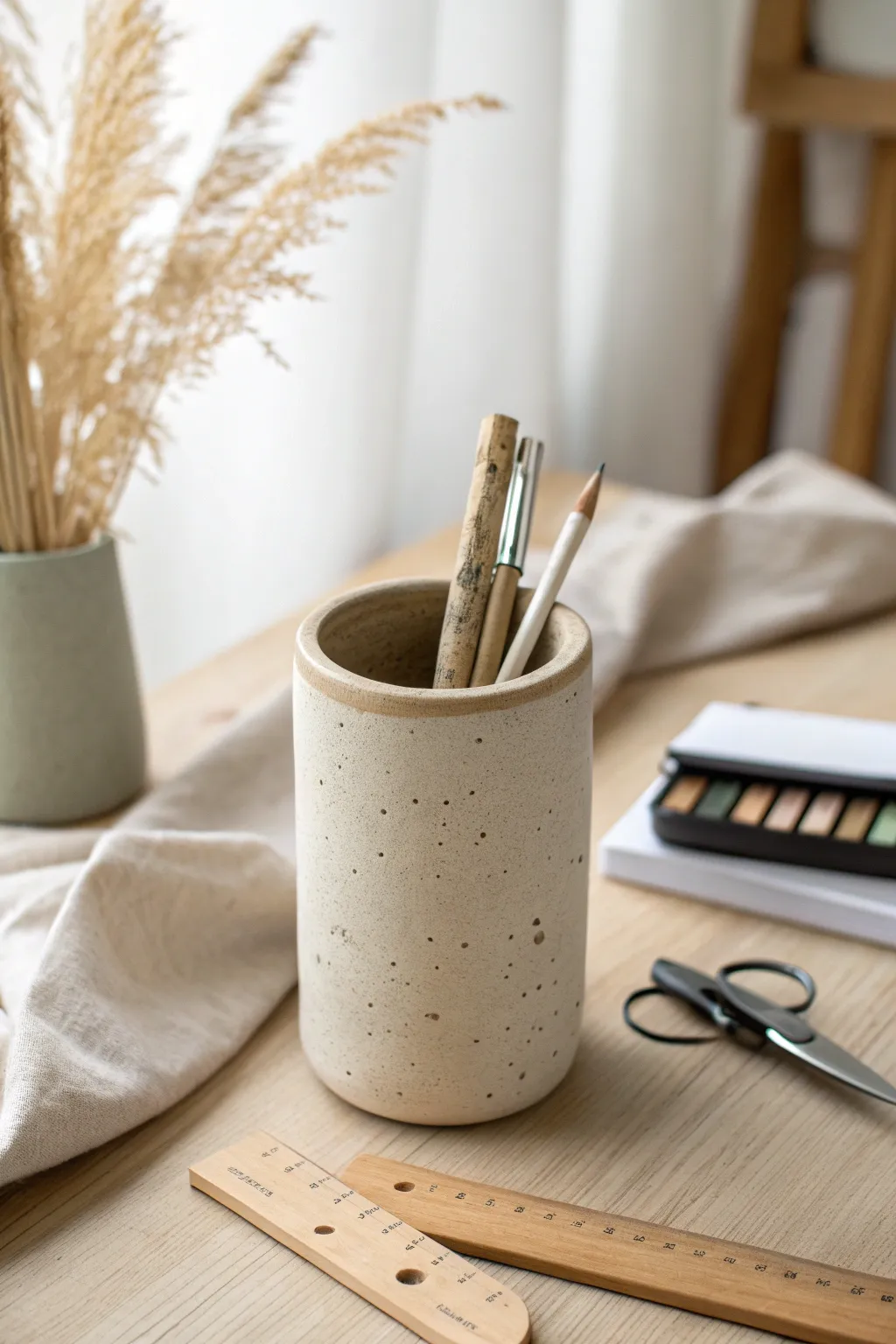 Handmade clay pen cup for him, minimalist desk storage with warm Scandinavian boho feel.
