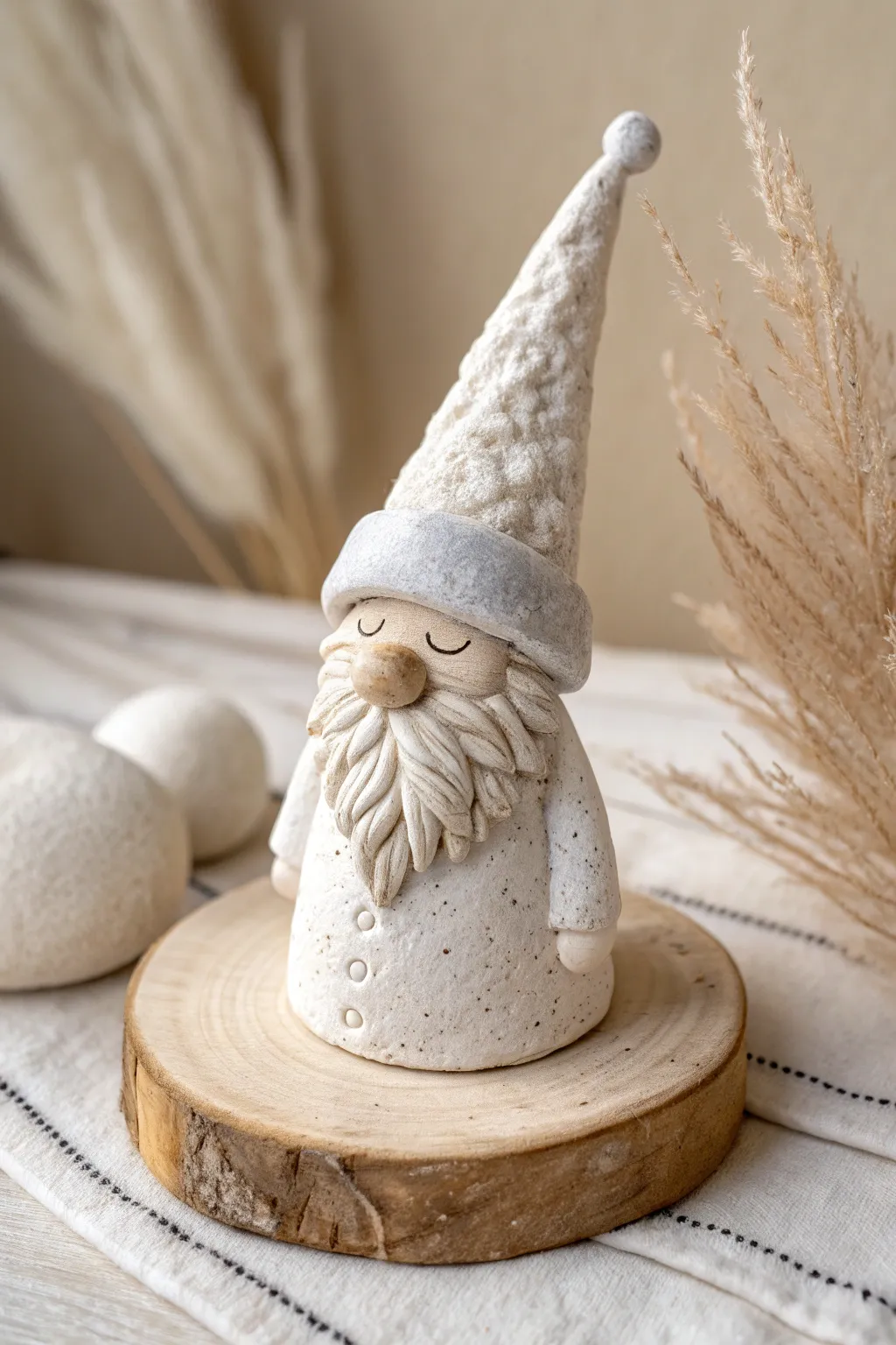 Minimalist clay gnome with a pom-pom hat, cozy boho charm, and a display-ready base