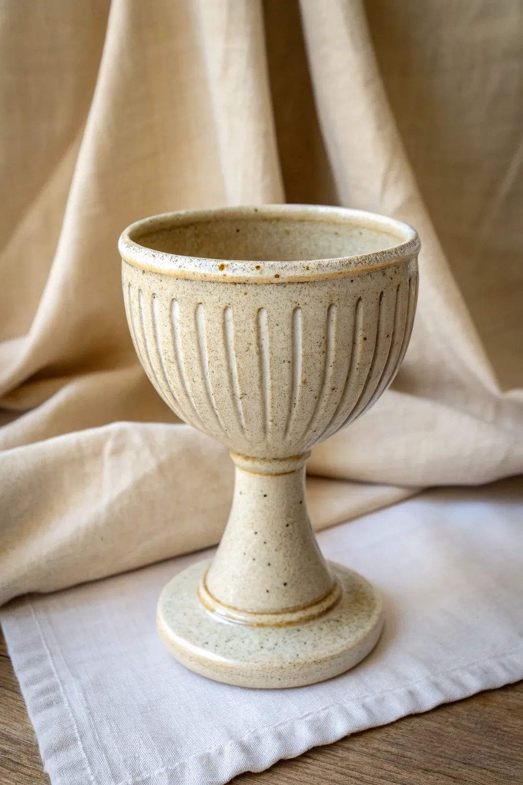 Ribbed throwing lines meet glossy glaze for a minimalist goblet with warm handcrafted texture.