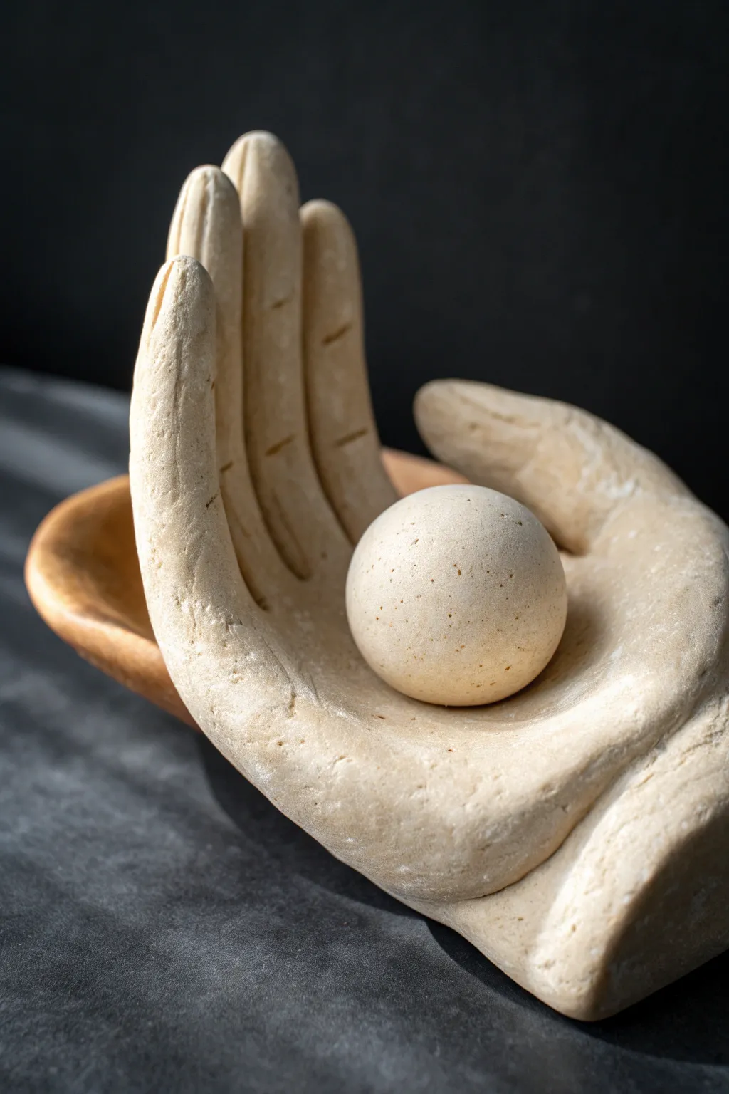 Minimal clay hand sculpture cradling a tiny orb, modern Nordic mood with soft boho warmth.