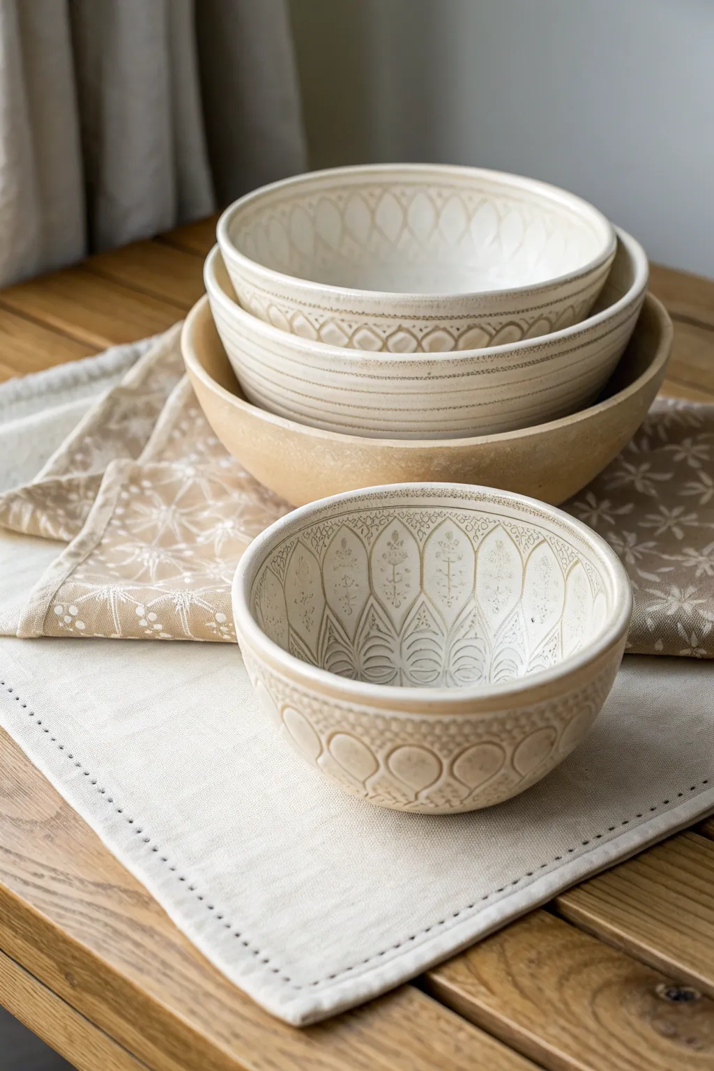 Nesting slump-molded bowls with a repeating interior texture, minimal styling and warm natural contrast.