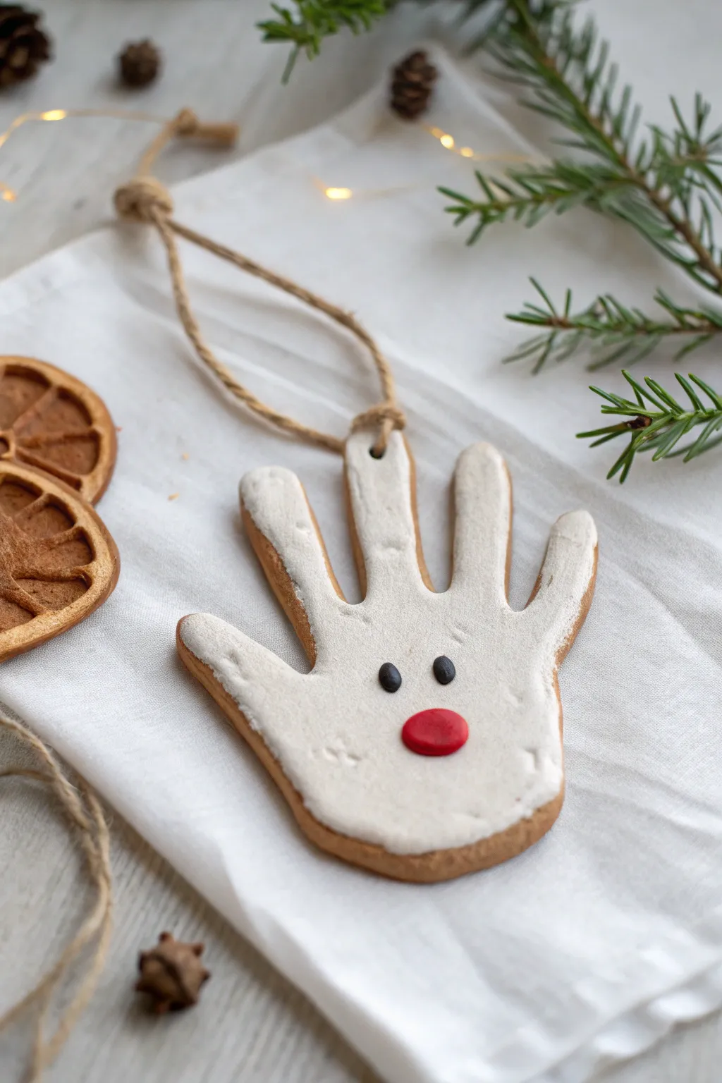 Cute clay reindeer handprint ornament with simple antlers, dot eyes, and a bright red nose