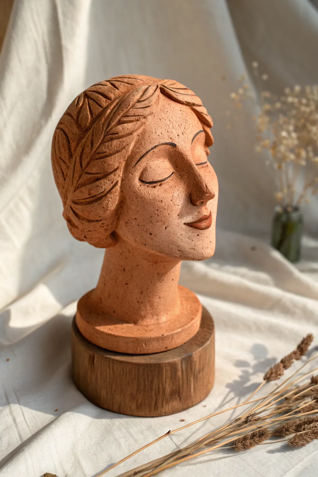 Minimalist self-portrait clay head with warm light, gentle smile, and handcrafted details