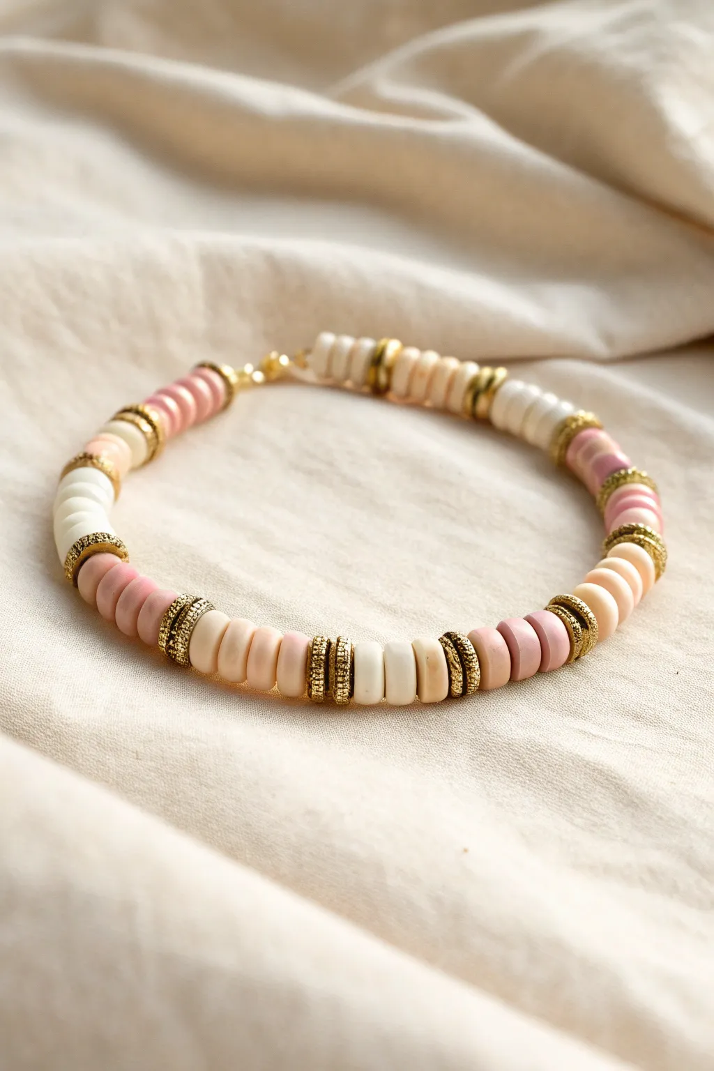 Matte pastel heishi bracelet with tiny gold spacer sprinkles for a soft, luminous contrast