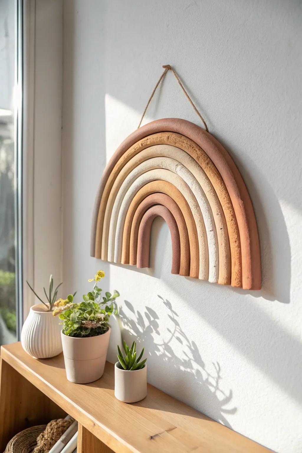 Neutral air-dry clay rainbow wall decor in soft boho tones for a calm minimalist space