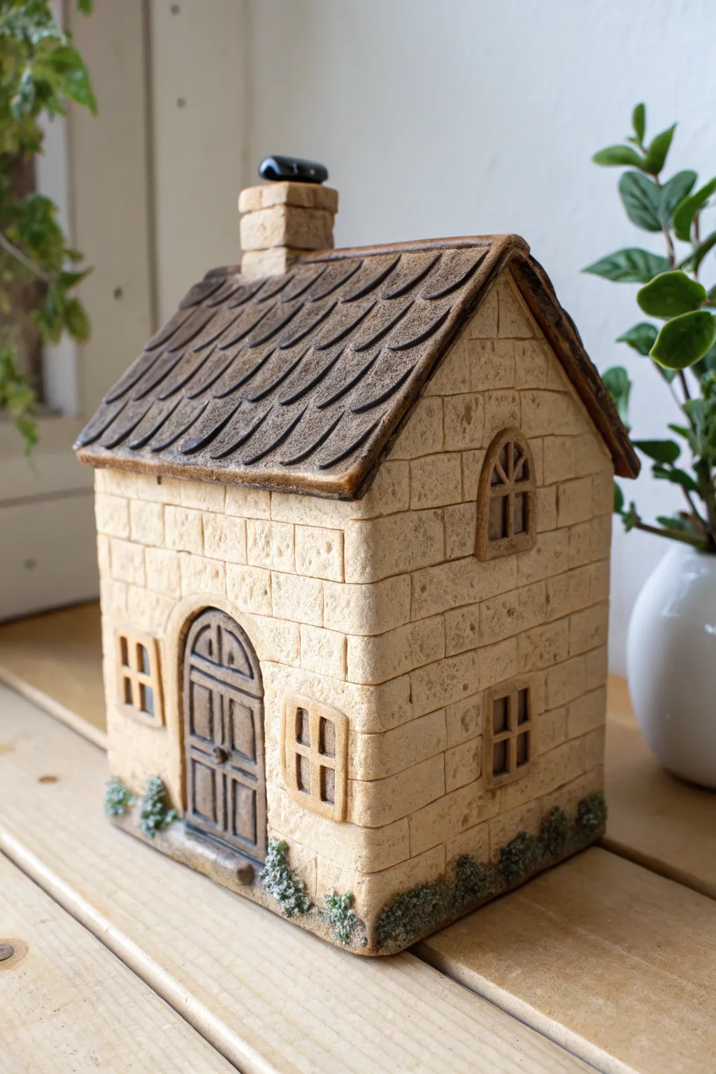 Clay stone cottage: faux masonry texture and dark roof for cozy minimalist boho decor.