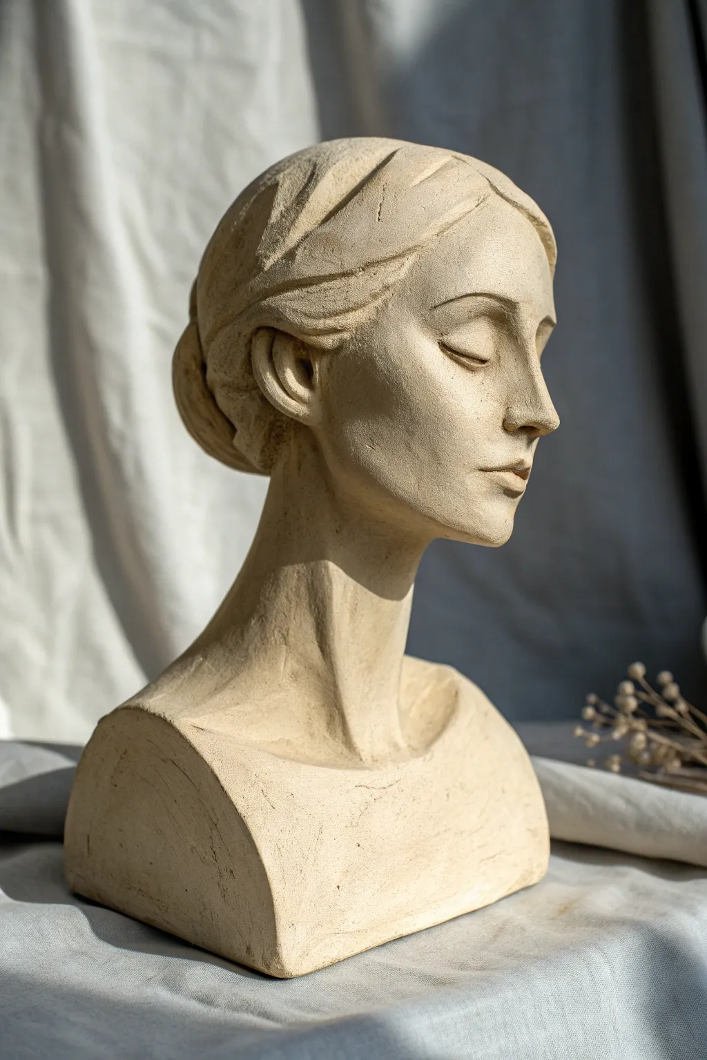 Mini clay portrait bust study with soft side light to highlight facial planes and calm contrast.