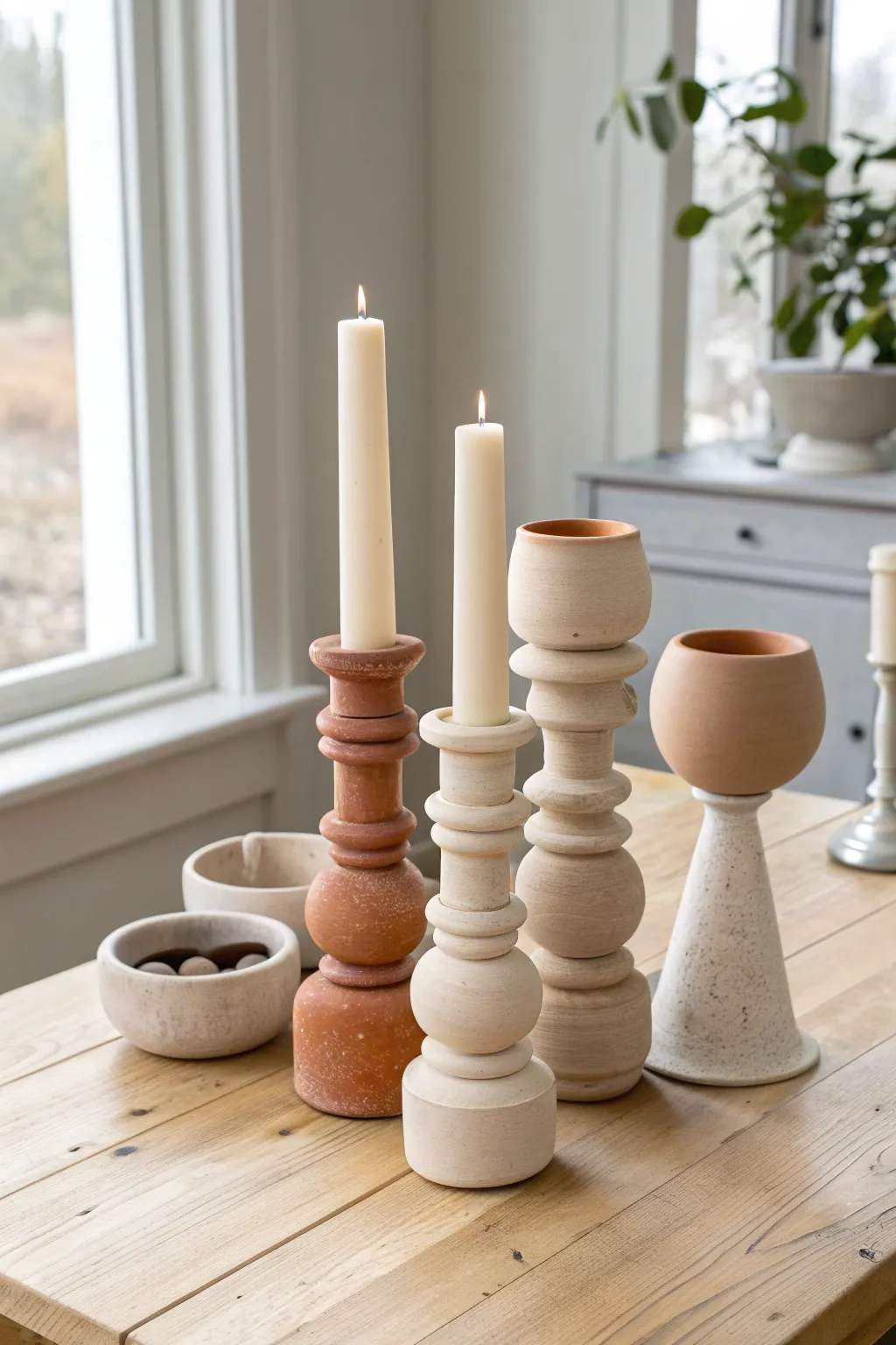 Chunky handmade candleholders in a bold cluster, minimalist neutrals with a soft boho vibe