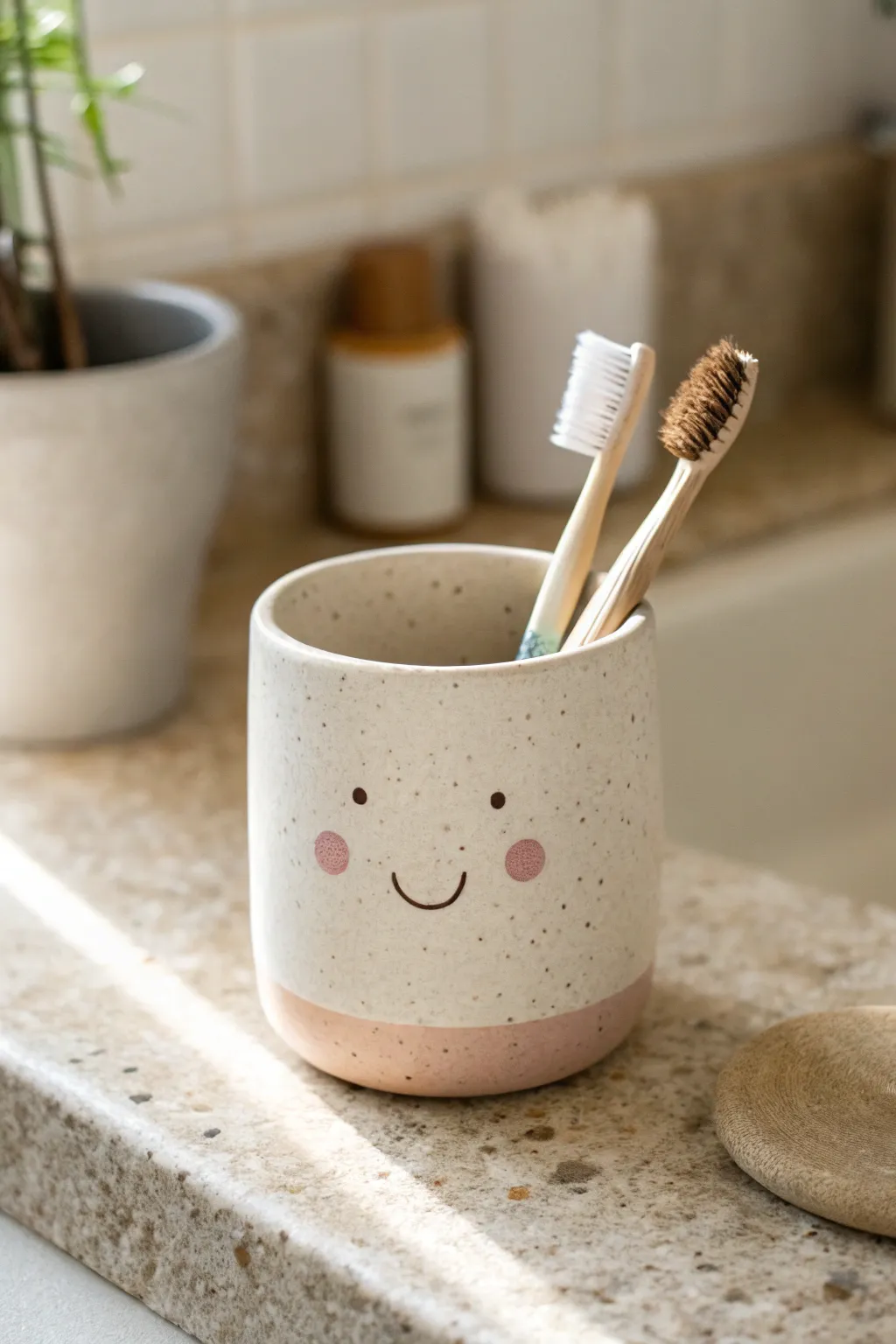 Cute minimalist clay holder with a friendly face, perfect for pens or toothbrushes.