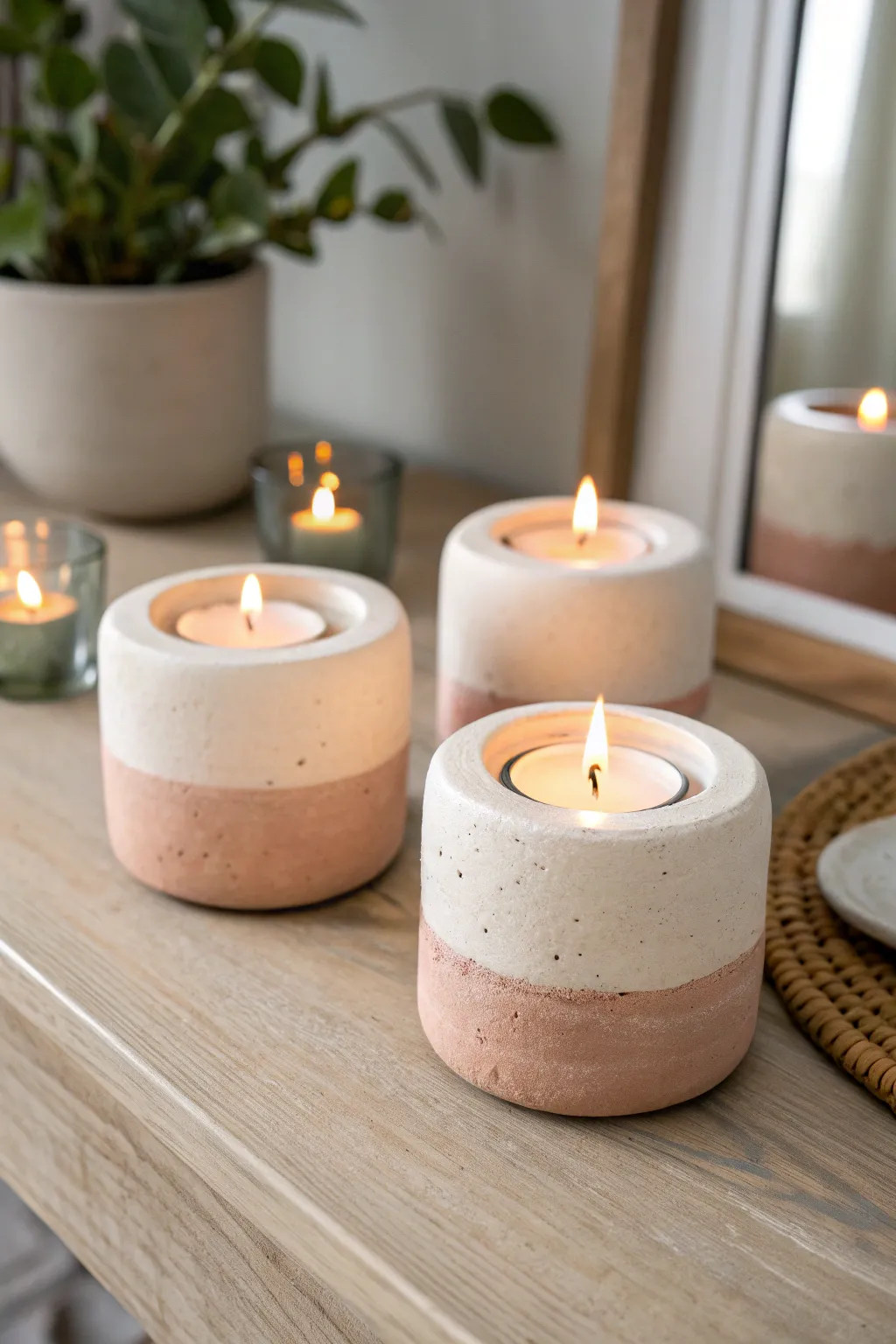 Modern clay tea light holders in a calming neutral trio for a cozy, minimalist boho glow.