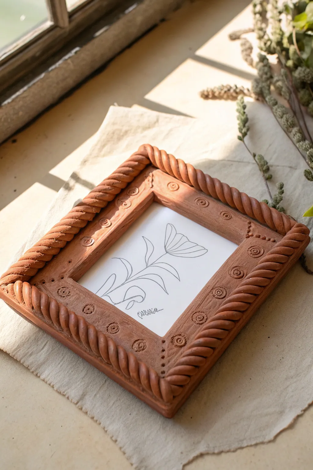 Chunky coil picture frame with simple textures, minimalist boho decor perfect for art class clay.