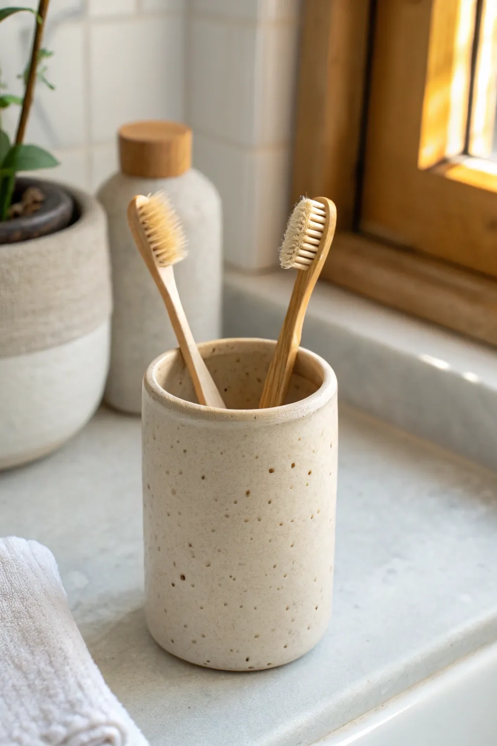 Simple clay cylinder cup that elevates brushes or toothbrushes with clean, cozy minimal style