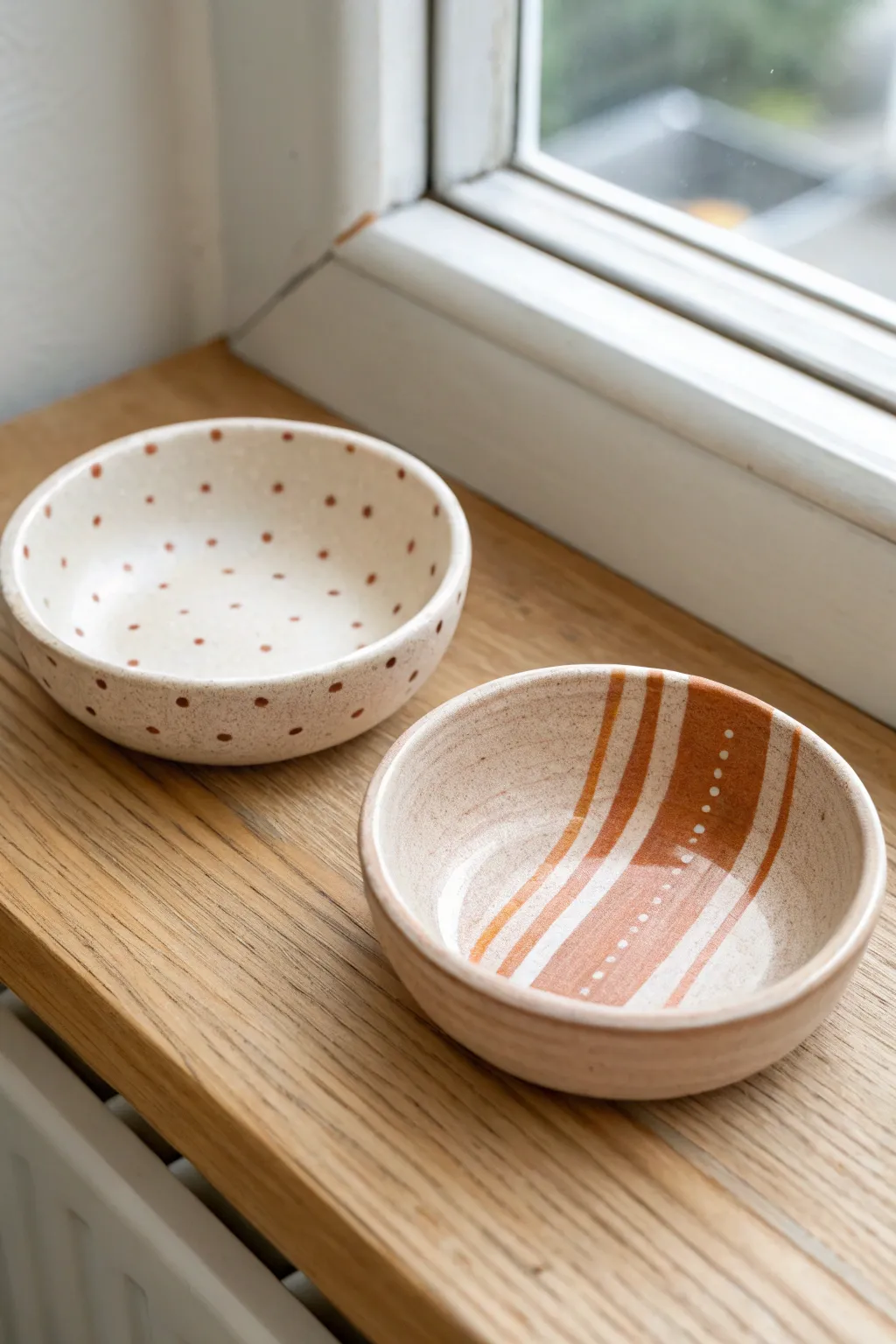 Bestie gift set: matching mini trinket dishes, one striped and one dotted in warm neutrals.