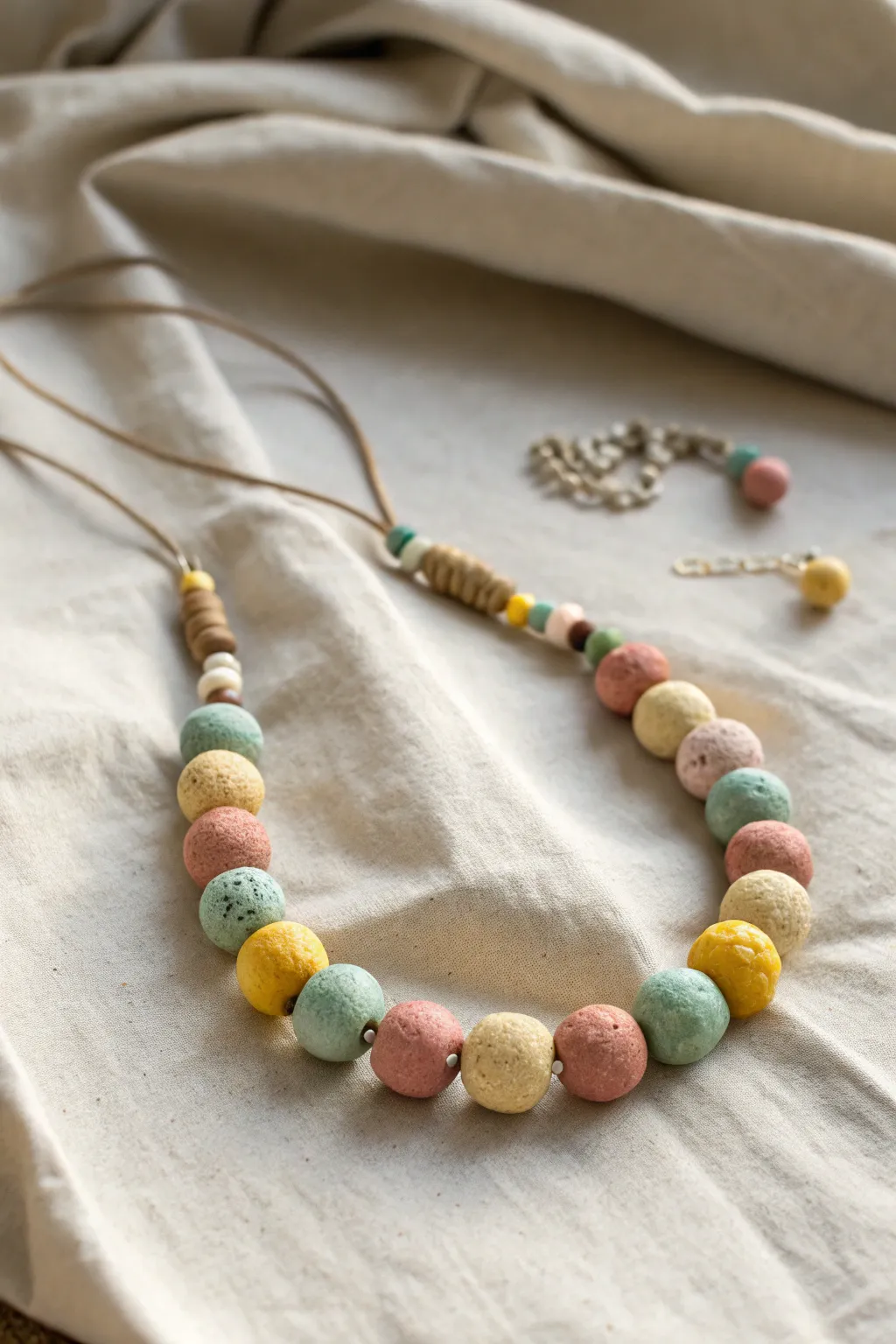 Chunky handmade clay beads in soft colors, styled on linen for easy kid friendly jewelry