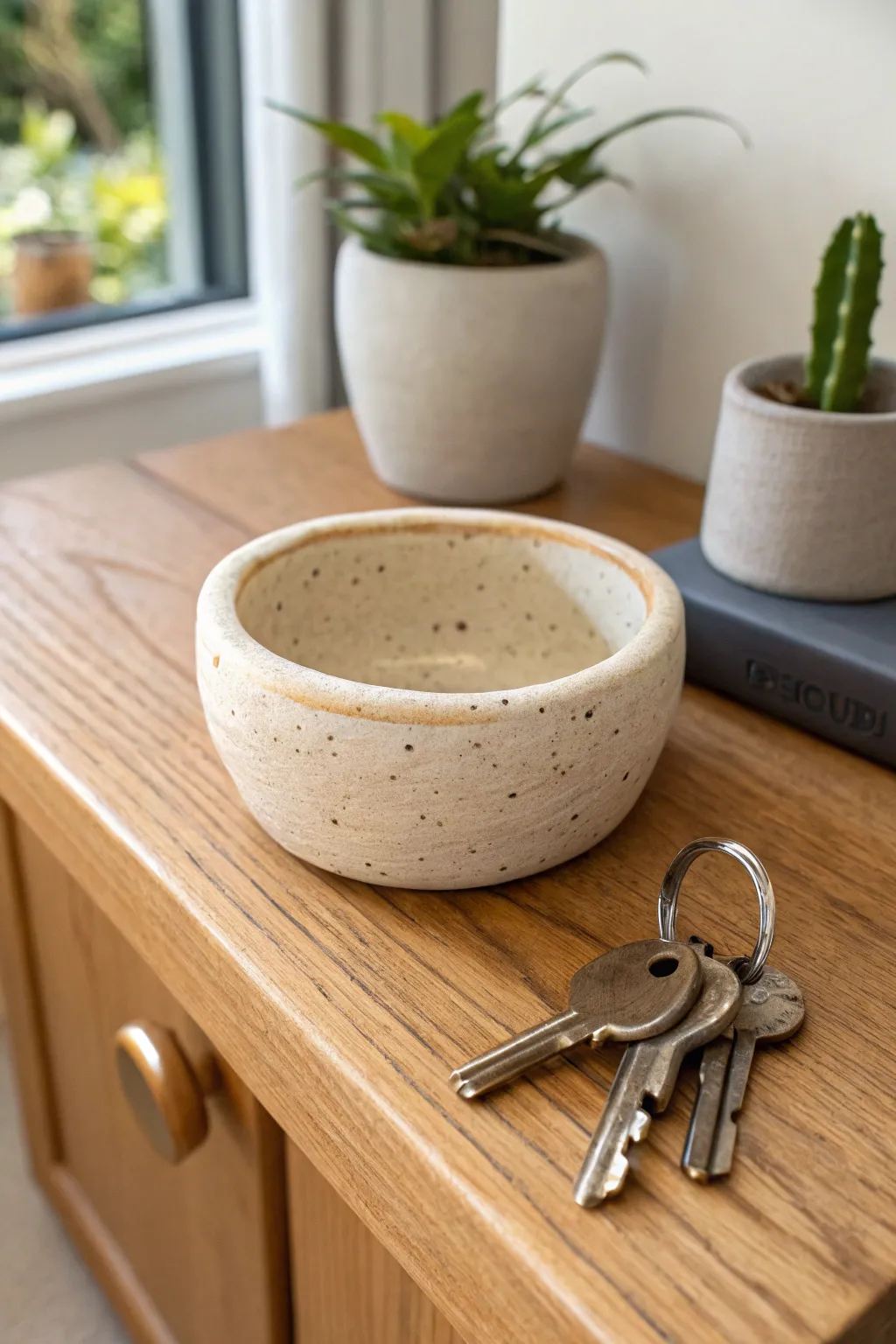 Speckled pinch pot catchall, a sweet entryway helper for moms keys and a hair tie