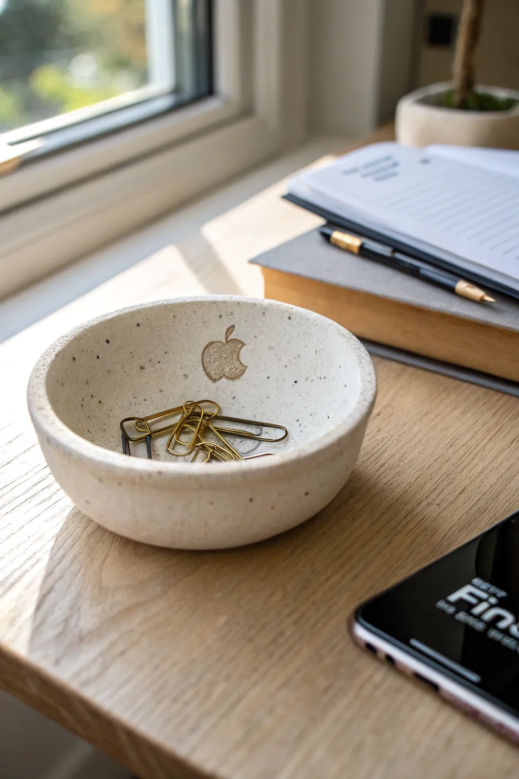 Minimal pinch pot trinket dish holding grading clips, a calming handmade desk essential for teachers.