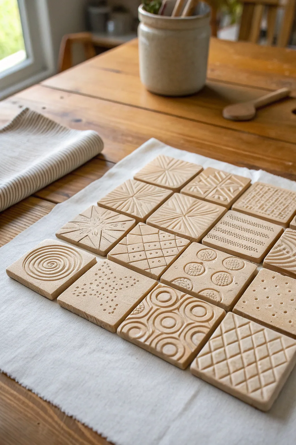 Stamped clay texture tiles for toddlers, neatly arranged in a calm minimalist grid