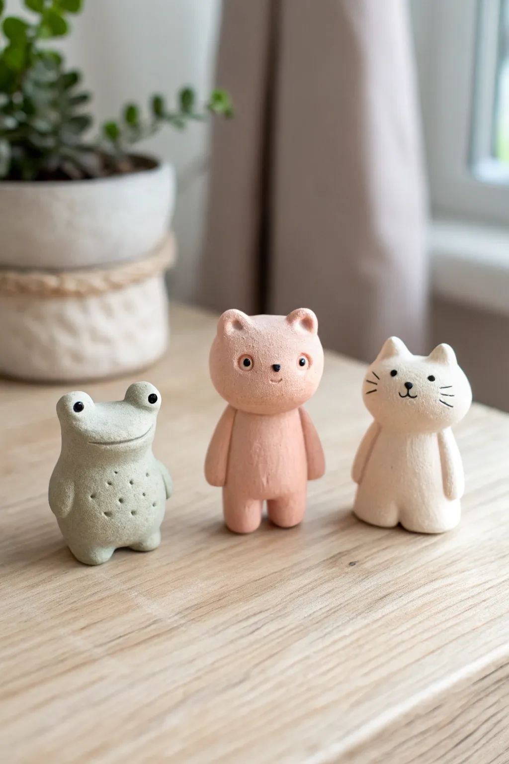 Cute mini clay animals made from simple shapes, styled in a calm Scandinavian boho scene.