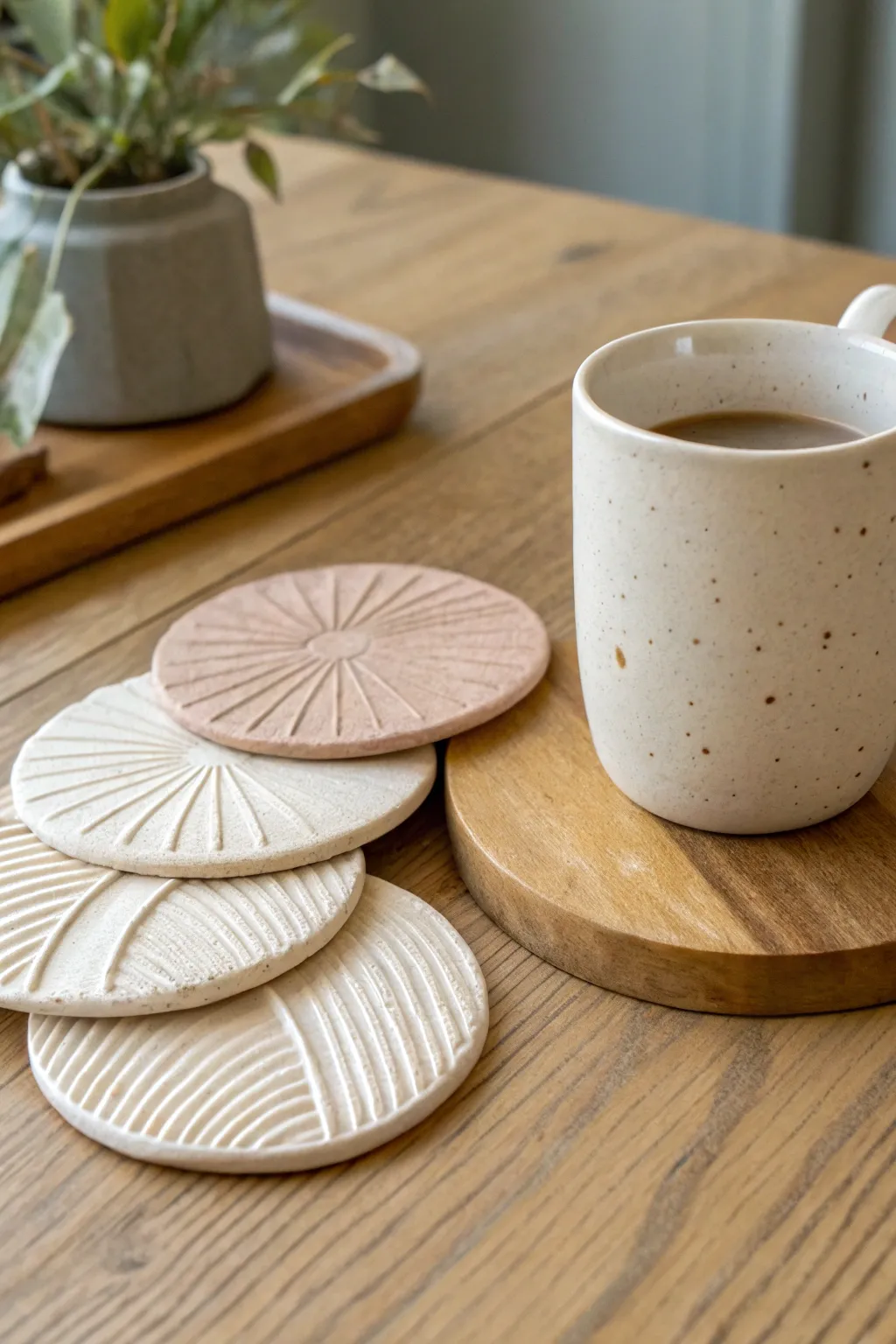 Four textured air-dry clay coasters styled with a mug for simple Scandinavian boho warmth