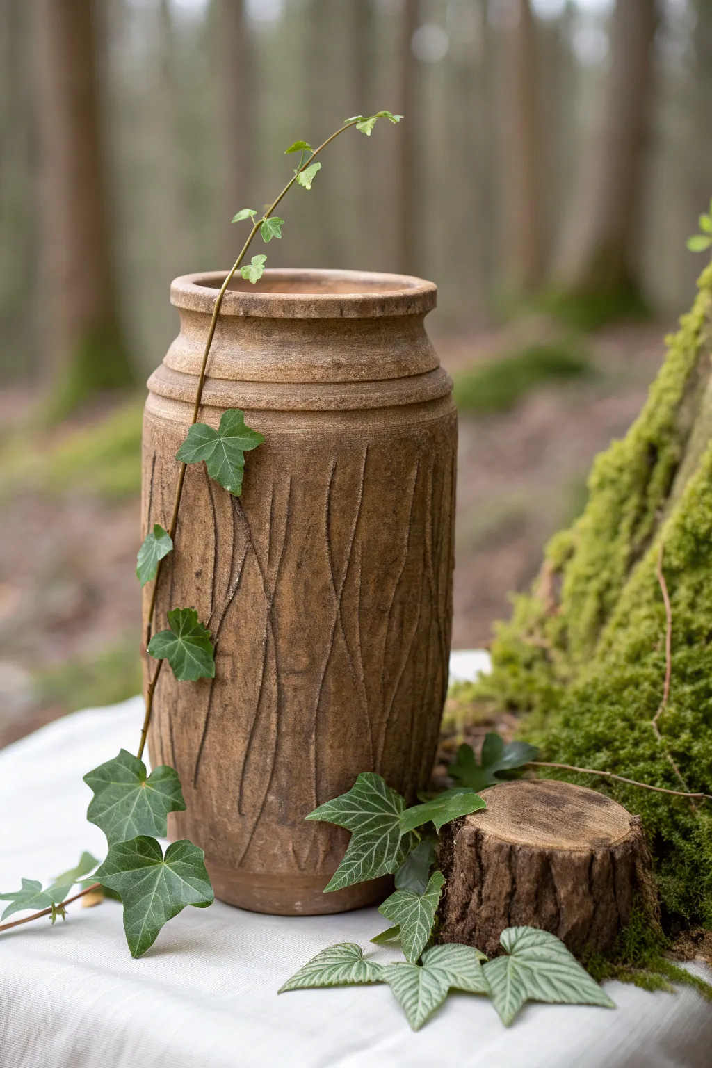 Bark-textured clay jar with climbing ivy details, styled in soft mossy greens and calm forest light