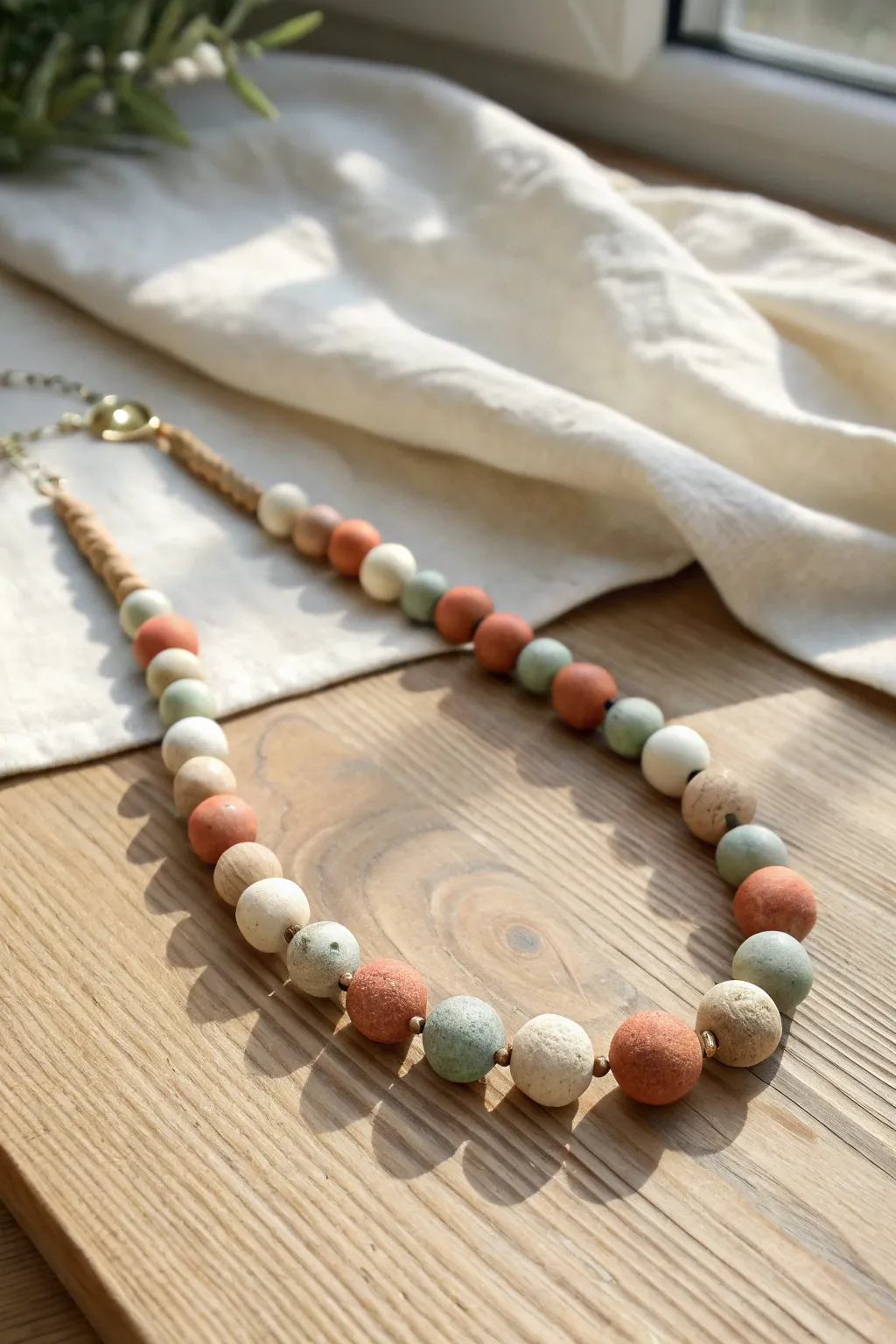 Hand-rolled clay bead necklace in soft earthy tones, minimalist flat lay with tactile detail.