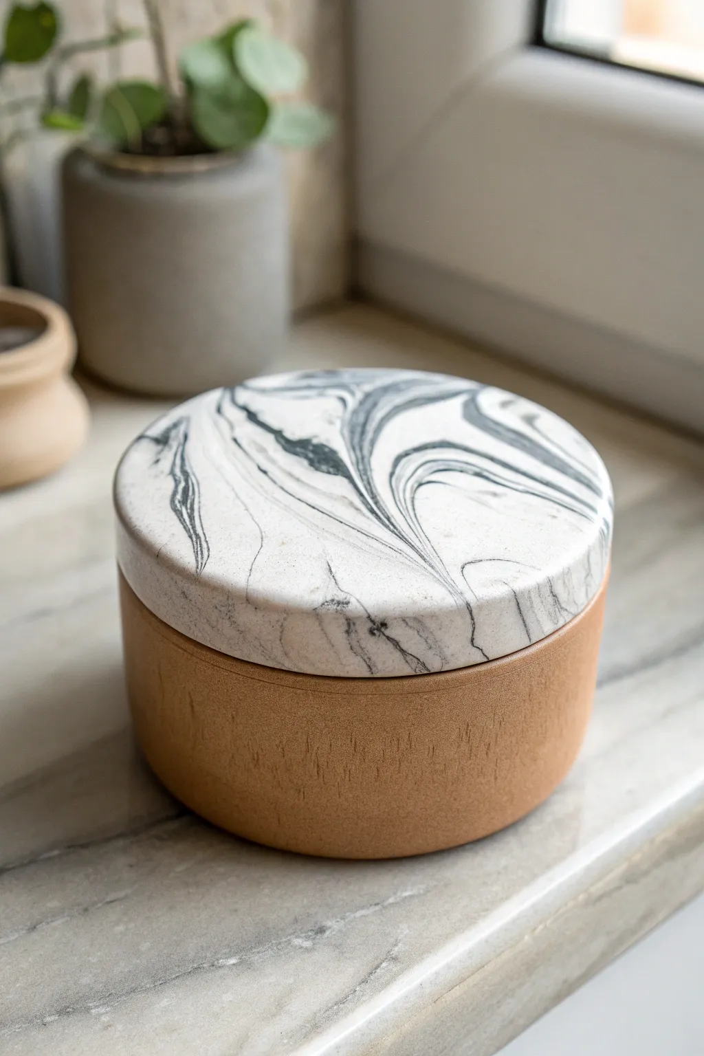 Faux marble swirl lid meets a simple base for a chic, handmade clay jewelry box