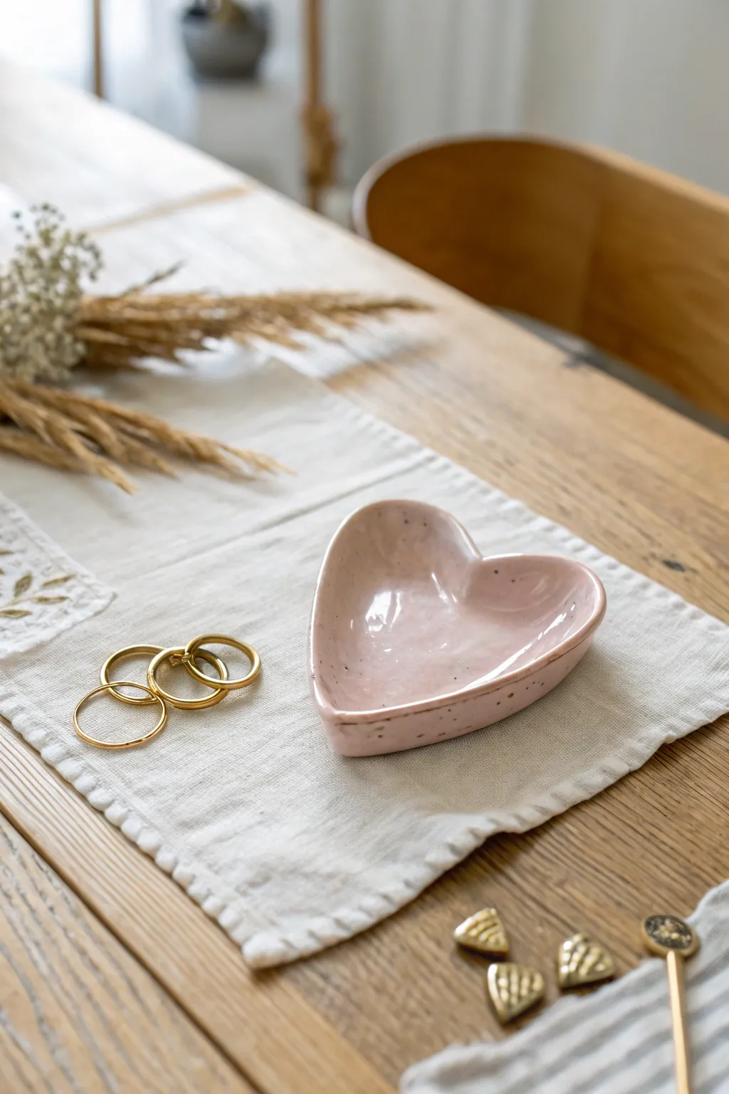Blush heart-shaped clay jewelry dish with a few rings, minimalist and warmly giftable.
