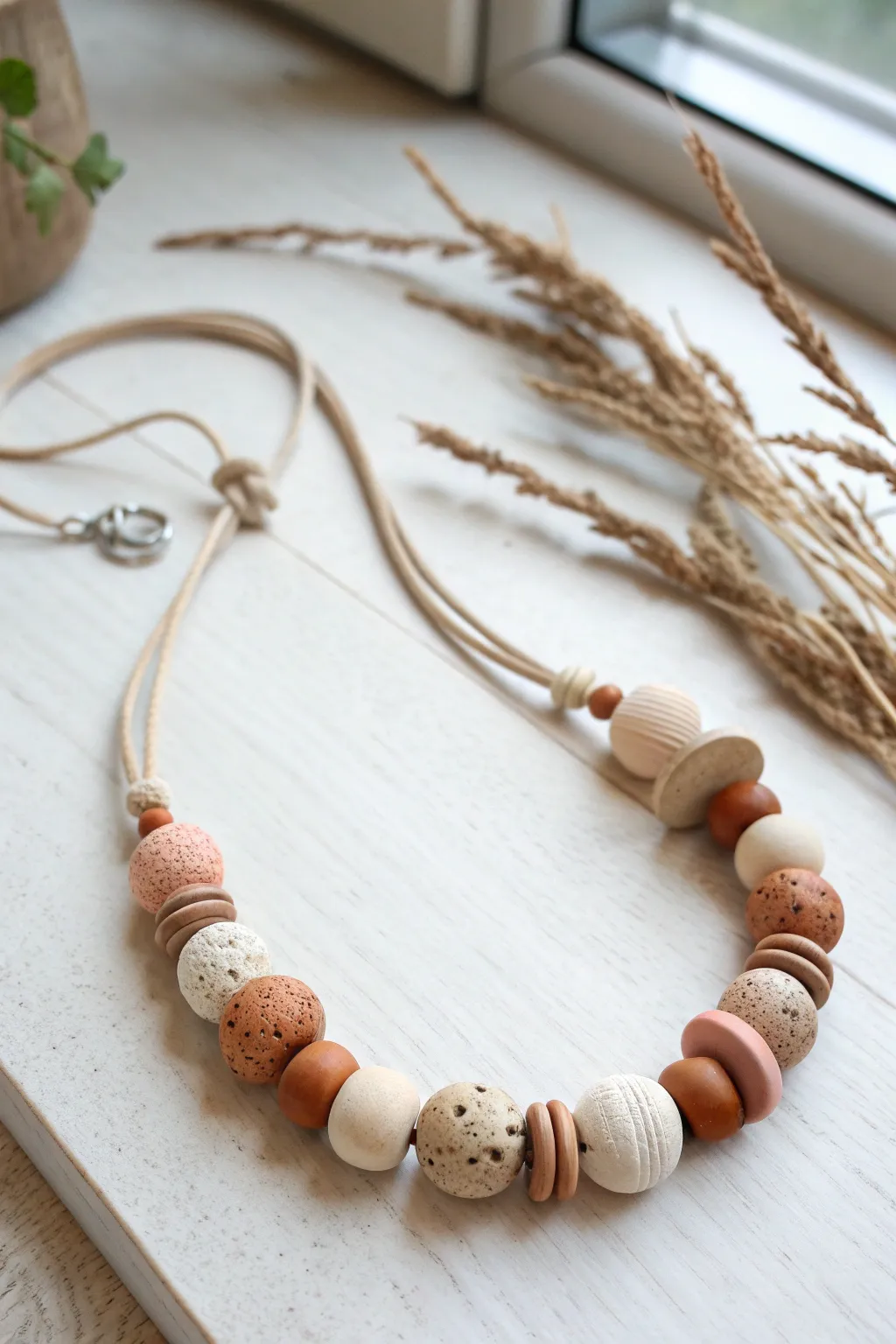 Minimal clay bead necklace with mixed shapes in warm neutral tones, styled on light wood