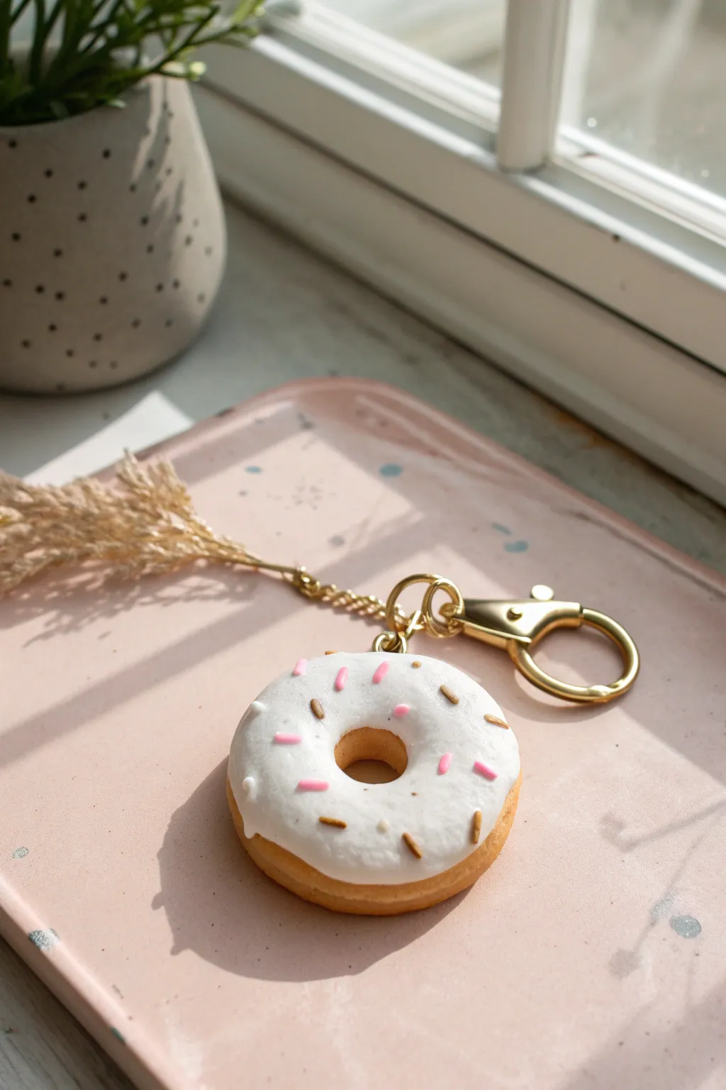 Sweet donut clay keychain with drippy icing and sprinkles, perfect for a playful bag charm.