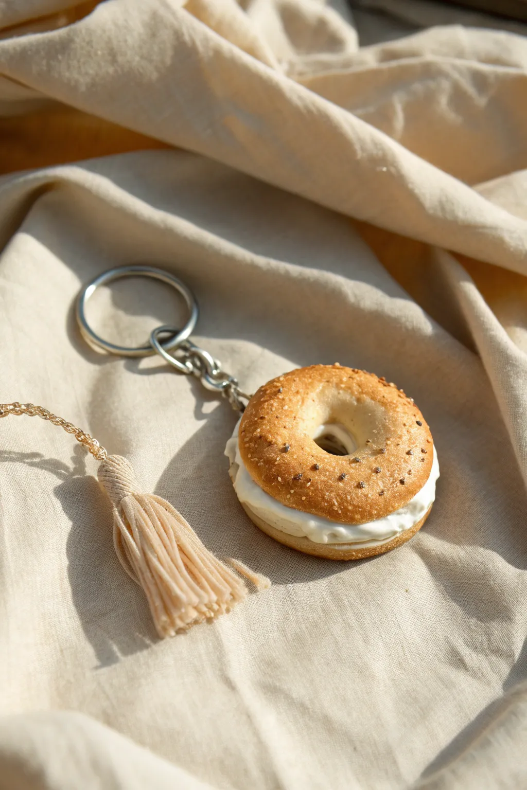 Mini bagel and cream cheese clay keychain charm with a simple tassel, cozy minimal style