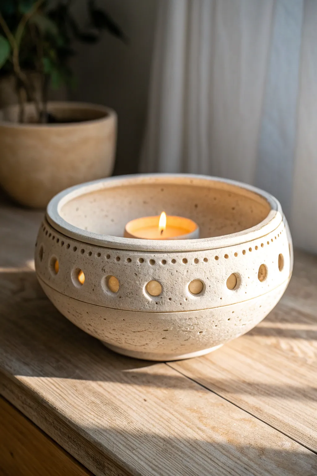 Open-top clay lantern bowl with rim cutouts, casting a soft halo glow in minimalist style