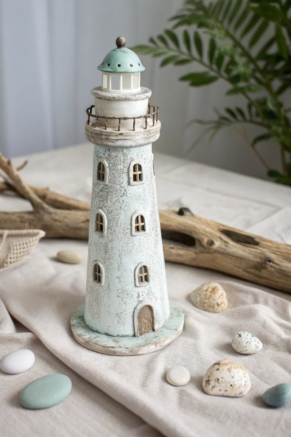 Weathered coastal clay lighthouse in soft whites and grays, styled simply with driftwood and stones