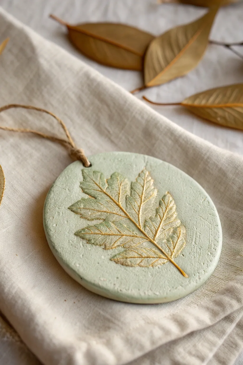 Leaf imprint clay keepsake medallion with crisp veins, soft greens and gold on linen.