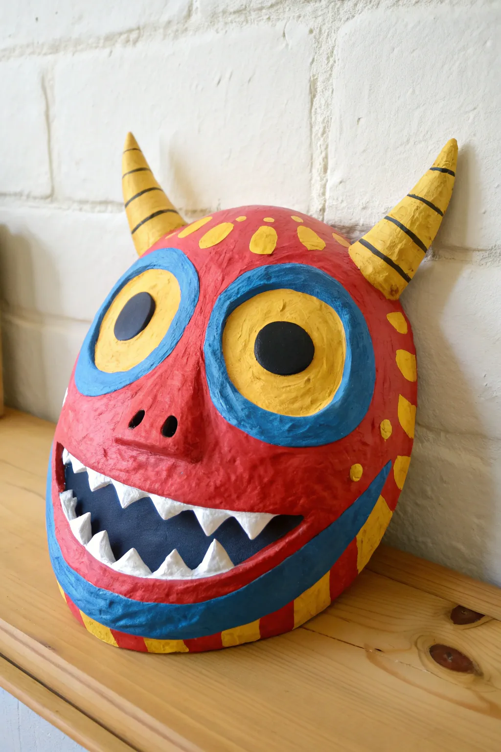 Cheerful clay monster mask with bold colors, bumpy texture, and funny teeth for art class
