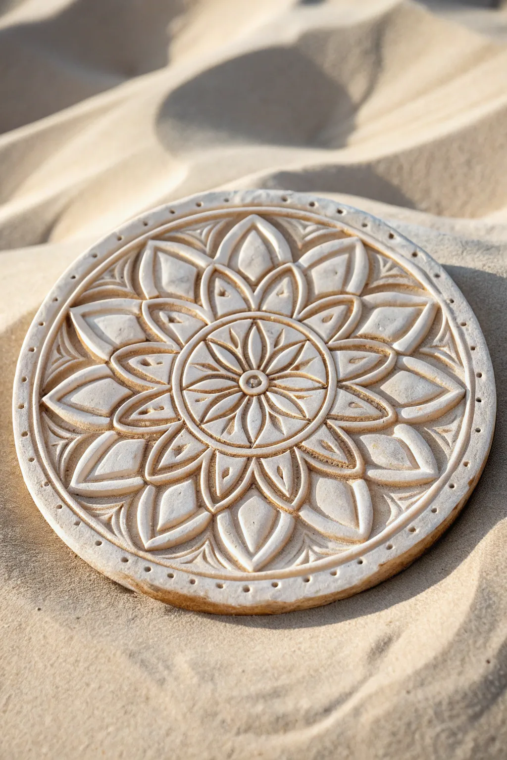 Mandala relief clay medallion with a soft antique wash, styled minimal on a neutral backdrop.