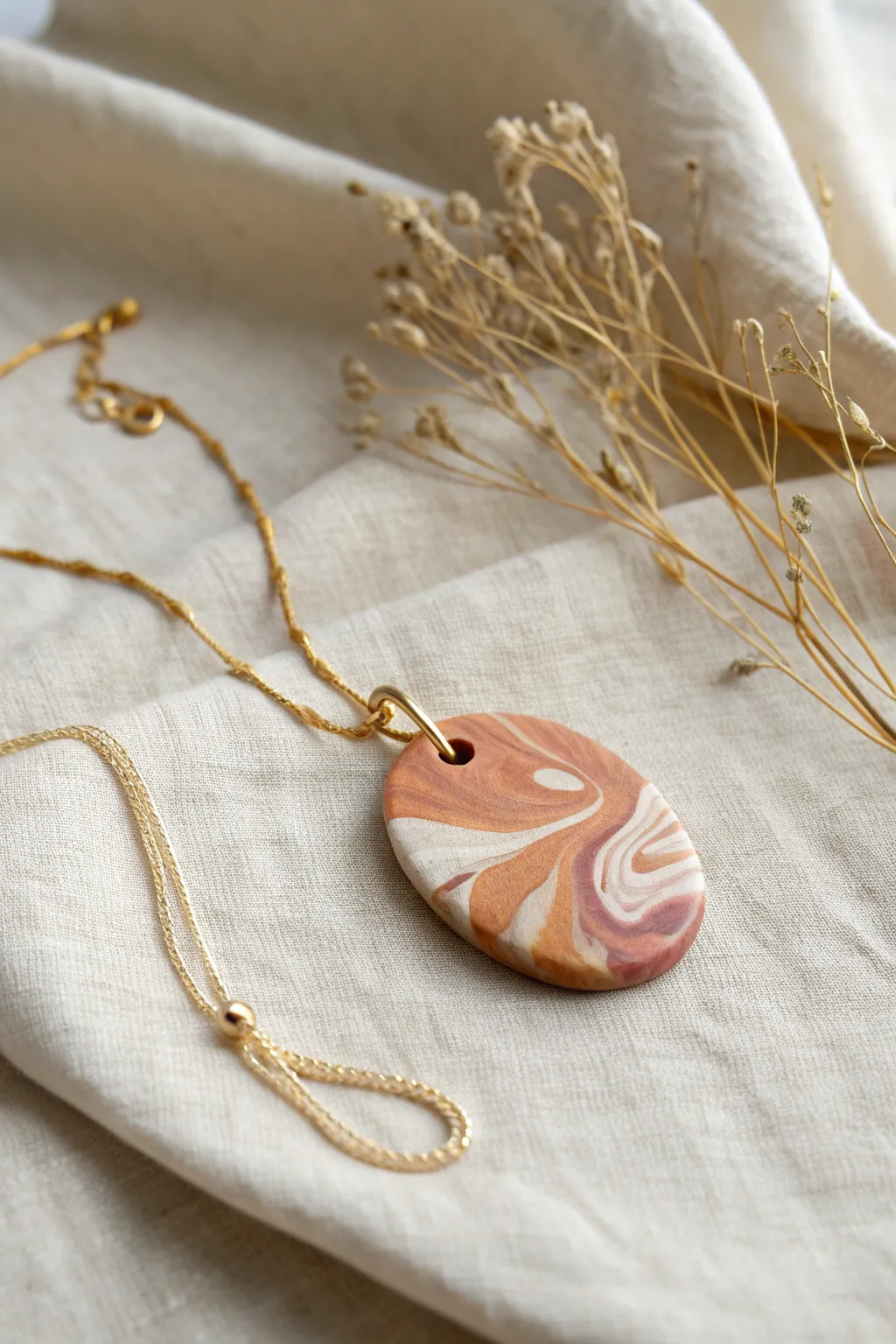 Softly marbled clay pendant charm on linen, ready to layer with a delicate chain.