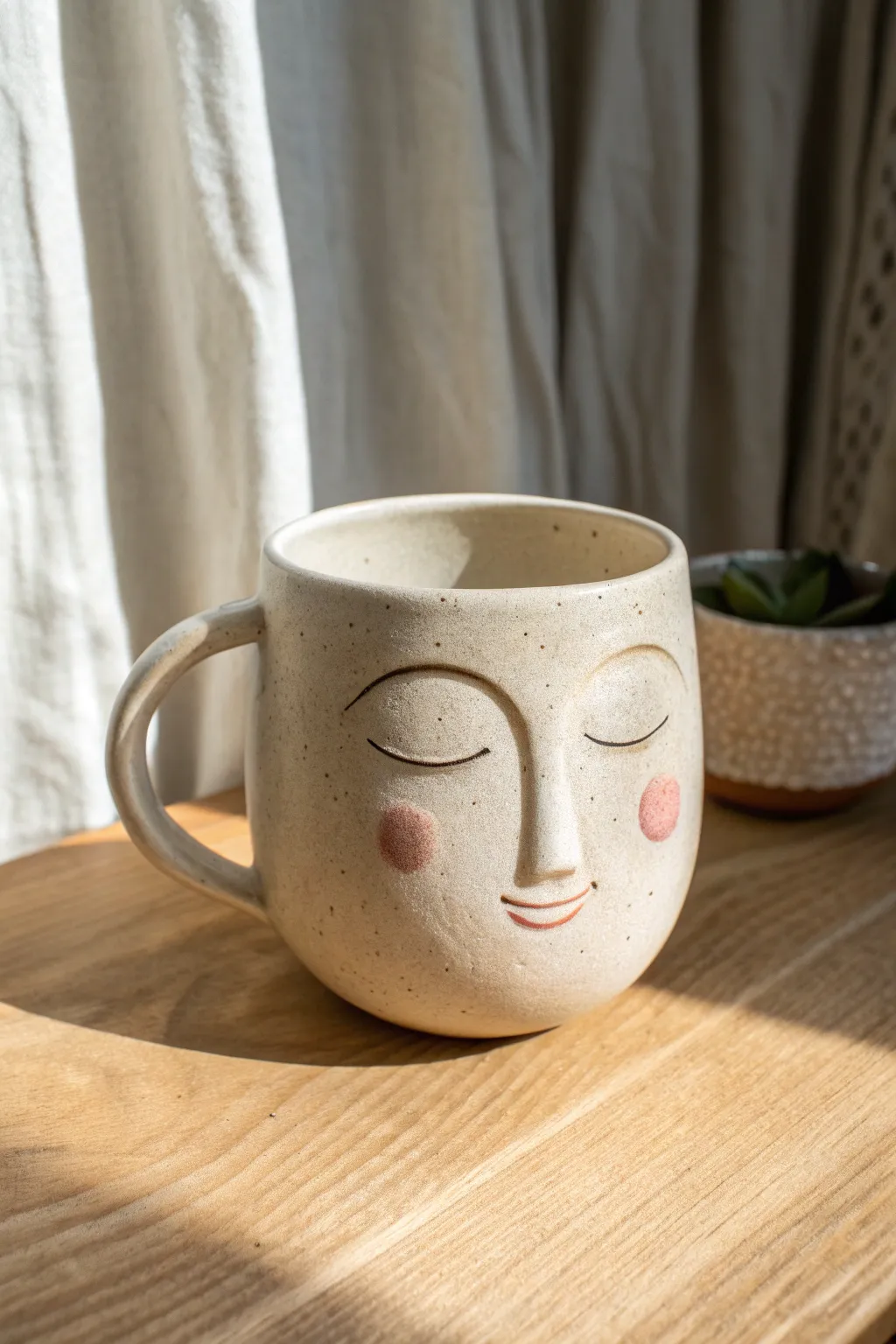 Sweet face mug with rosy cheeks and tiny dimples, minimalist boho charm for cozy sips.