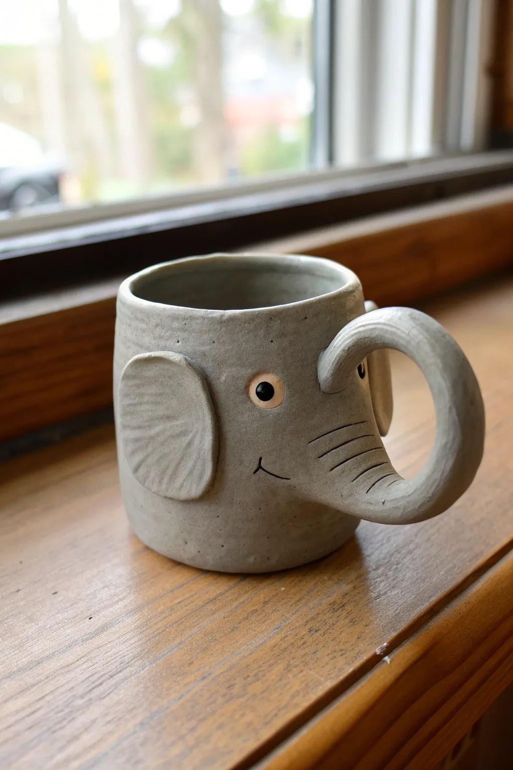 Sweet elephant trunk handle mug in soft gray, minimal Scandinavian style with a cozy boho vibe.