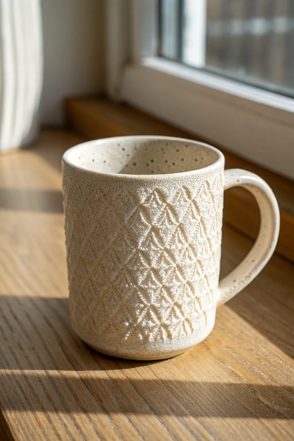 Easy pressed lace texture mug in soft neutral tones, crisp light and shadow for cozy minimal style.