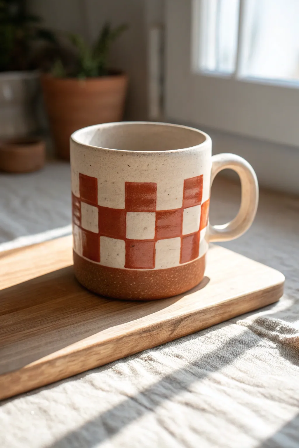 Easy checkerboard band mug in warm neutrals, minimalist yet playful and totally beginner-friendly