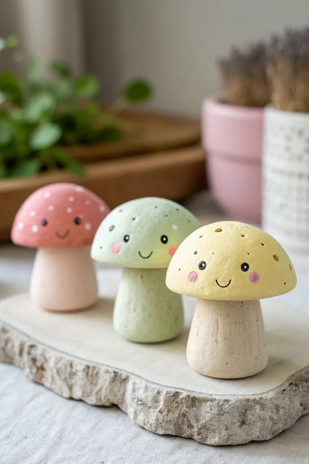 Cute kawaii clay mushroom pals with pastel caps and sweet faces for a cozy desk decor.
