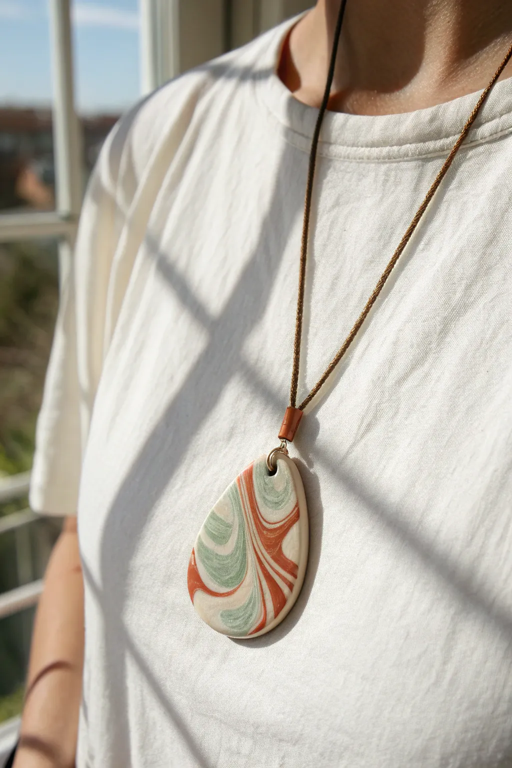 Bold marbled swirl clay pendant that adds a modern statement to any simple outfit