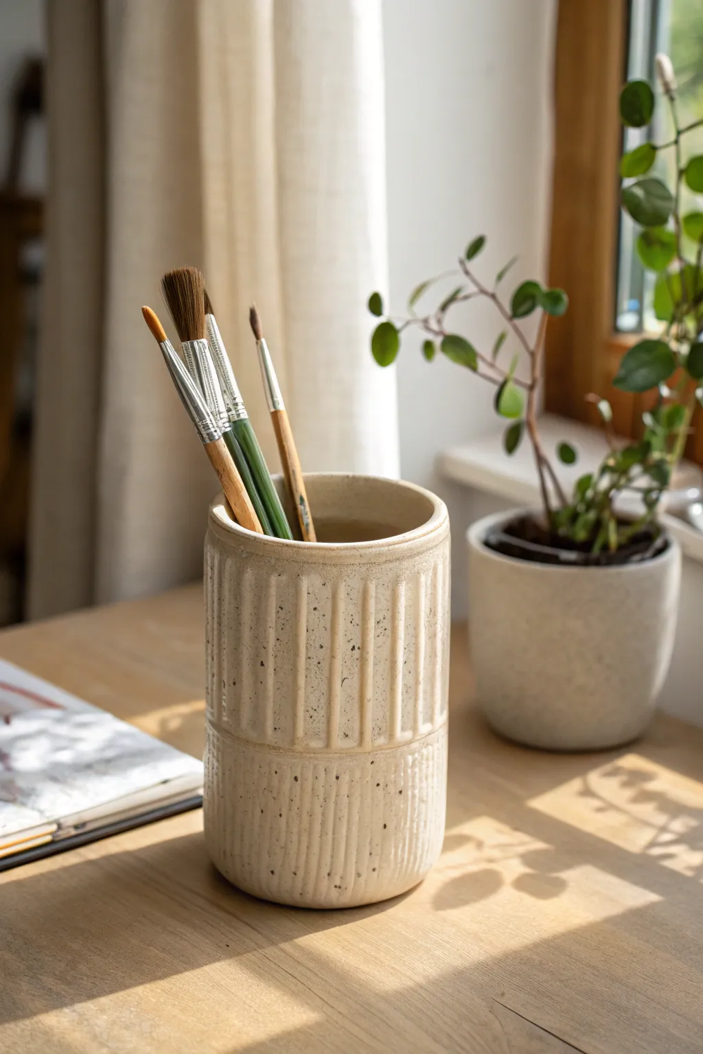 Chunky handmade clay cup with carved lines, holding pens and brushes in calm Scandinavian style.