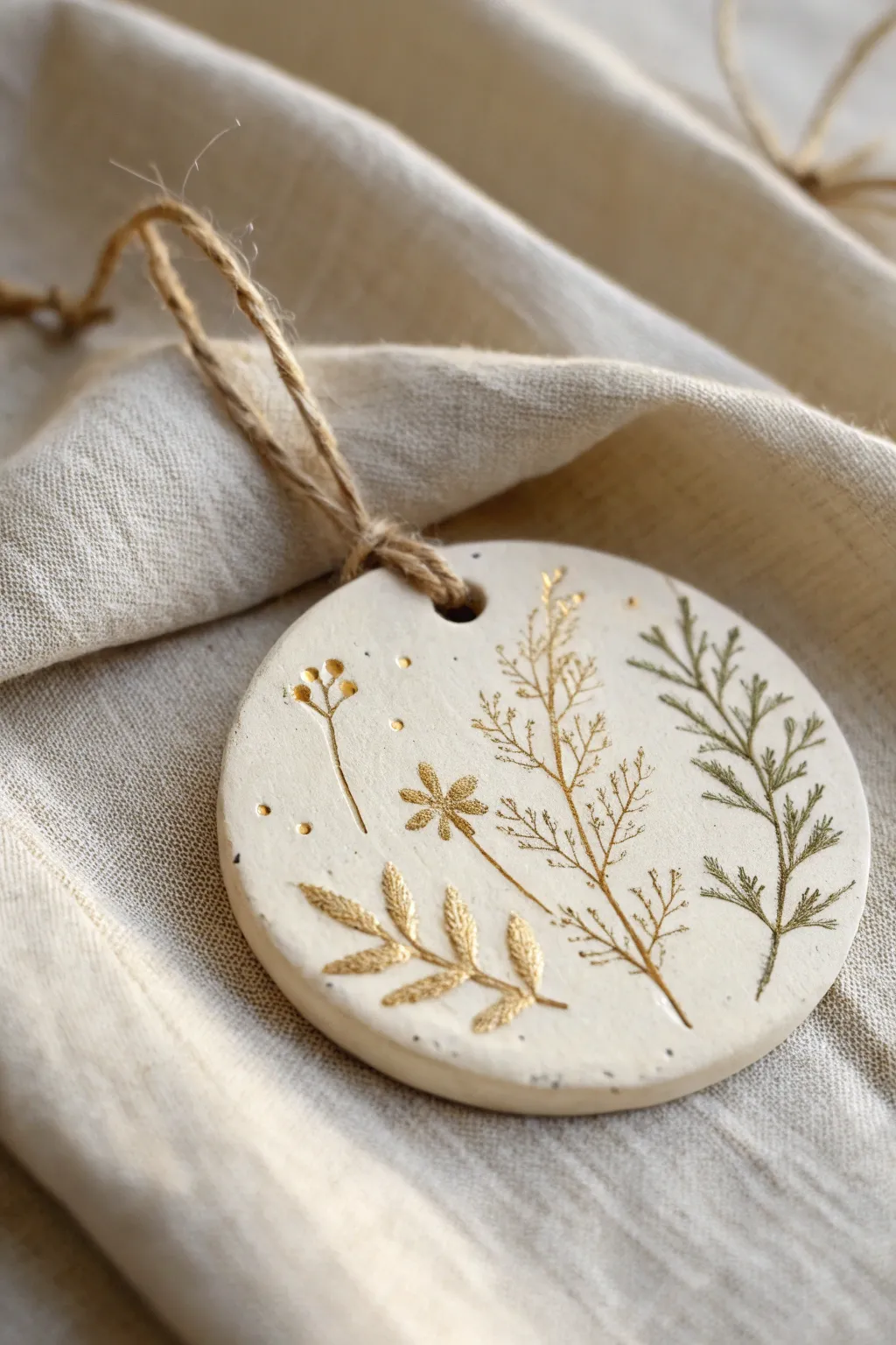 Pressed evergreen clay ornament with soft gold highlights, styled on natural linen