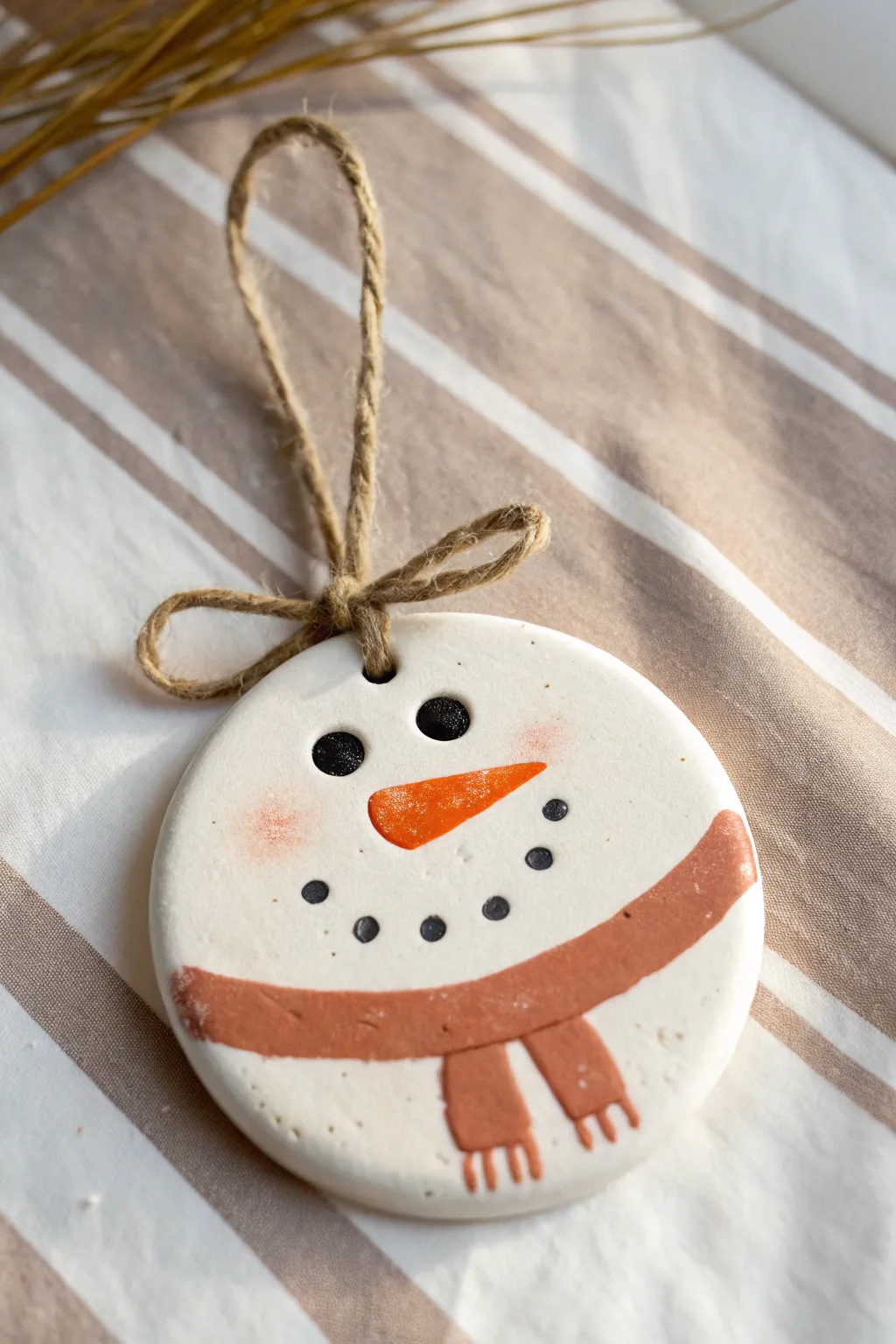 Sweet kid-painted snowman face clay ornament, minimal winter charm for cozy Scandinavian decor.