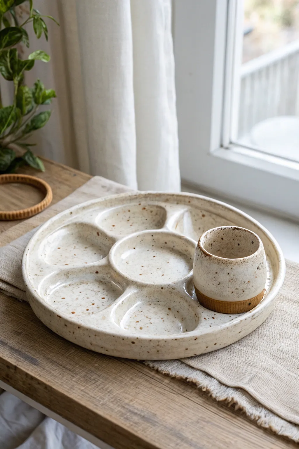 Speckled clay paint palette with attached water cup for a clean, minimalist creative setup