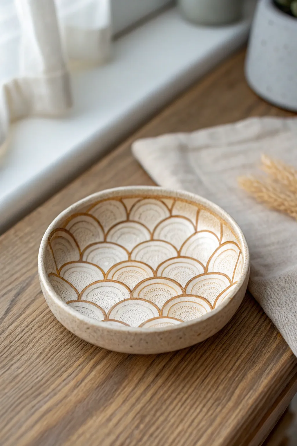 Soft scallop fish-scale texture on a minimalist clay dish, finished with a subtle gradient glaze.