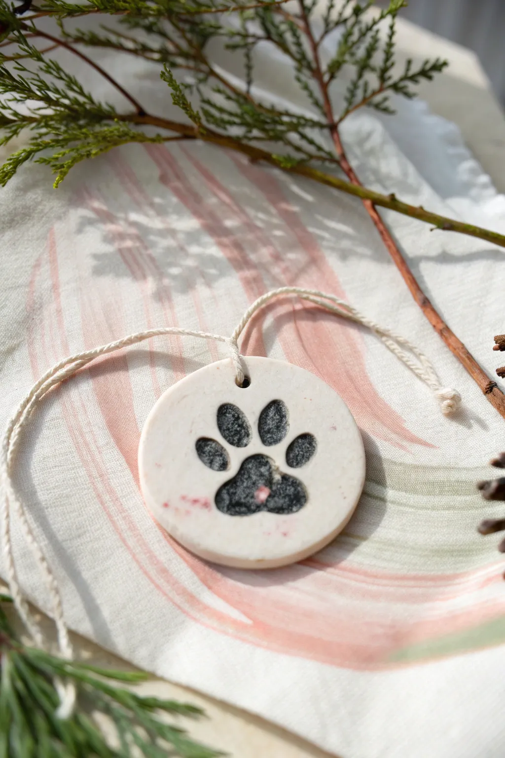 Marbled swirl clay disc with a crisp contrasting paw print—minimal, boho, and beginner friendly.