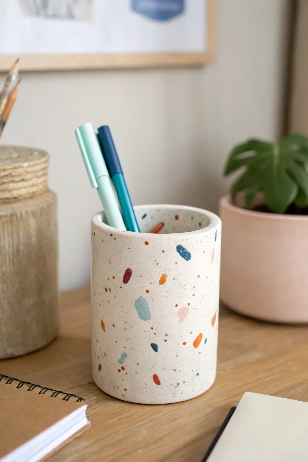 Creamy terrazzo-speckled clay pen cup with bright pens for a modern Scandinavian boho desk.