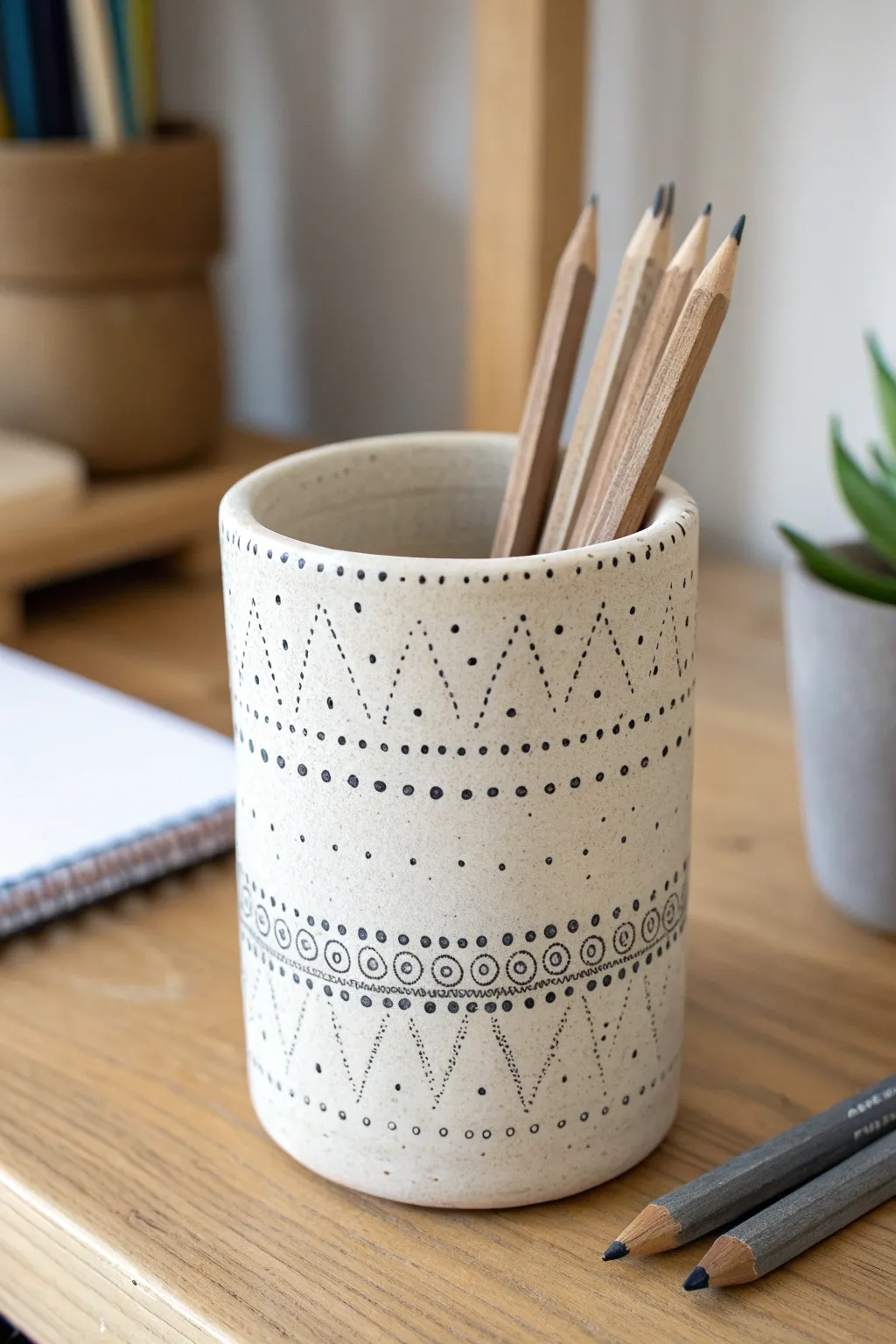 Stamped clay pencil holder with dark rubbed-in texture on a light wood desk, calm and cozy.